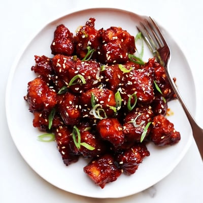 Sizzling Gochujang Chicken in a cast iron skillet with sticky marinade